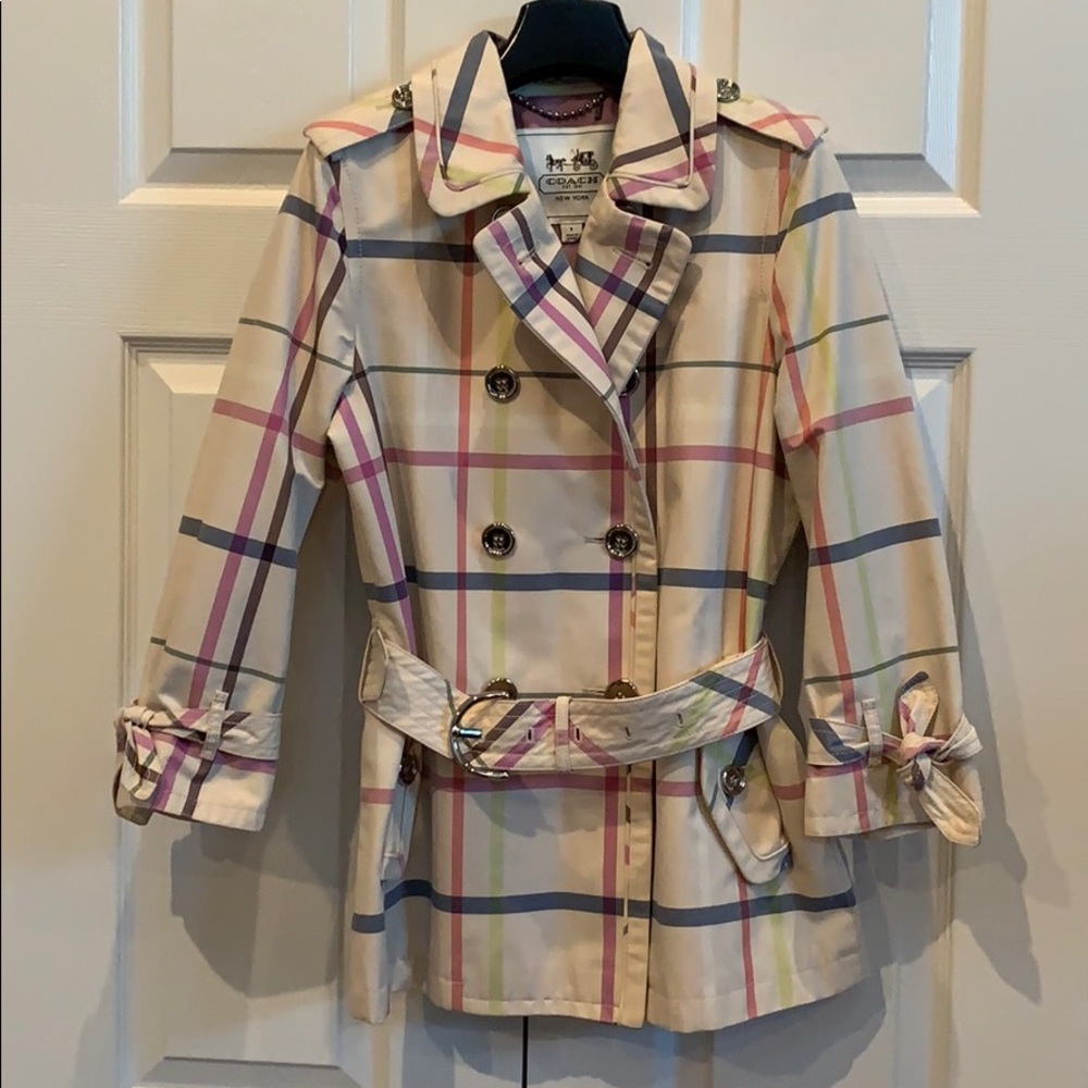 Coach Short Plaid Trench Coat Sz Small EUC
